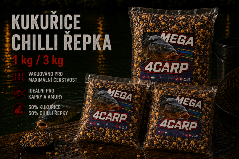 Vařený partikl Kukuřice Chilli Řepka | 1 kg a 3 kg - Druh:: Kukuřice Chilli Řepka, Hmotnost:: 1 kg